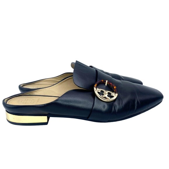 Tory Burch Sidney backless loafers black leather gold-tone heel/logo buckle sz10 - Picture 13 of 14